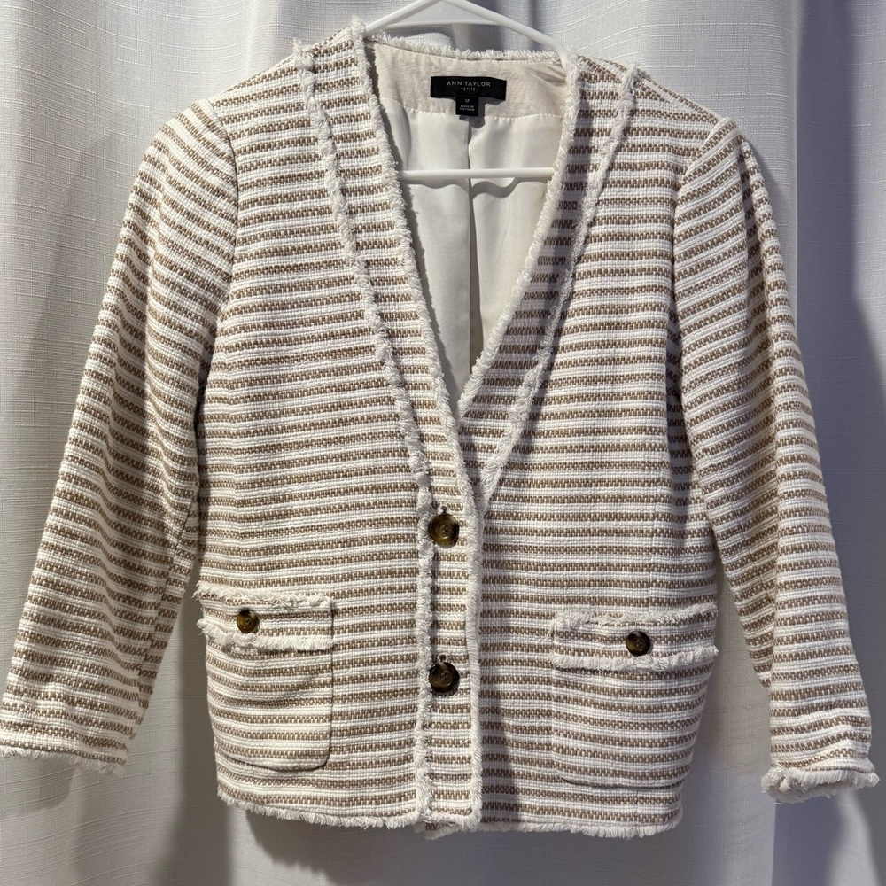 Ann Taylor White and Tan striped blazer jacket